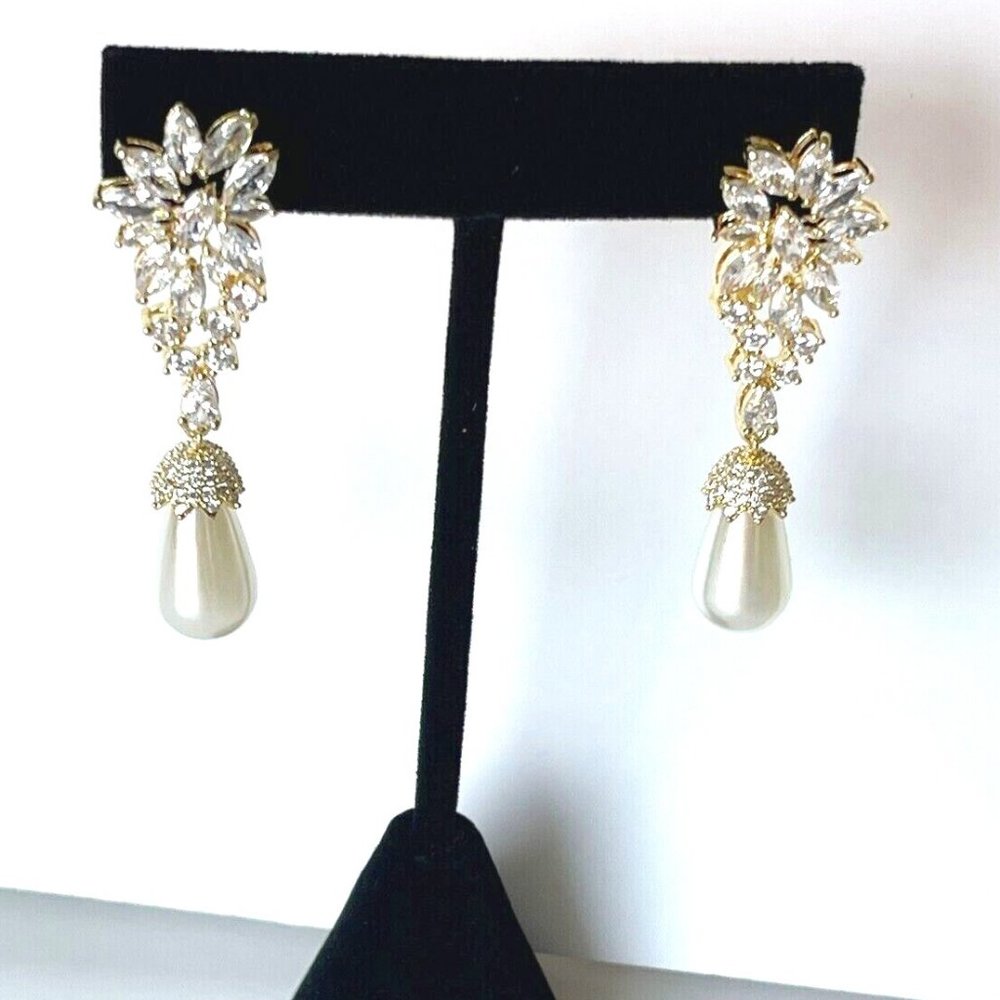 18k Gold Plated Earrings Bridal Jewelry Prom Crystal Pearl Drop Earrings